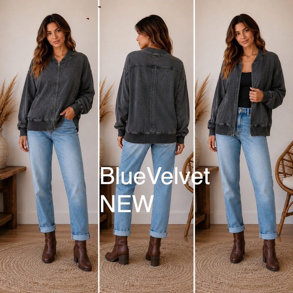 Blue Velvet Bomber Jacket Women Large Black Acid Wash Zip Up Utility Streetwear